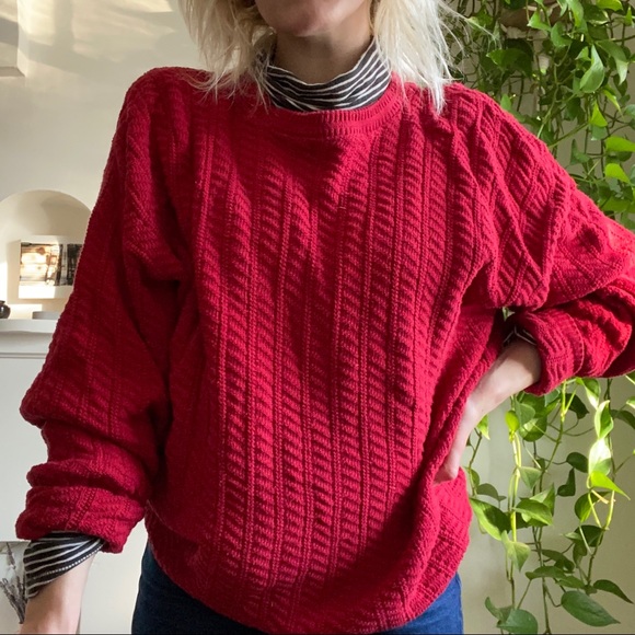 Vintage Sweaters - Vintage: Raspberry Red Oversized Sweater